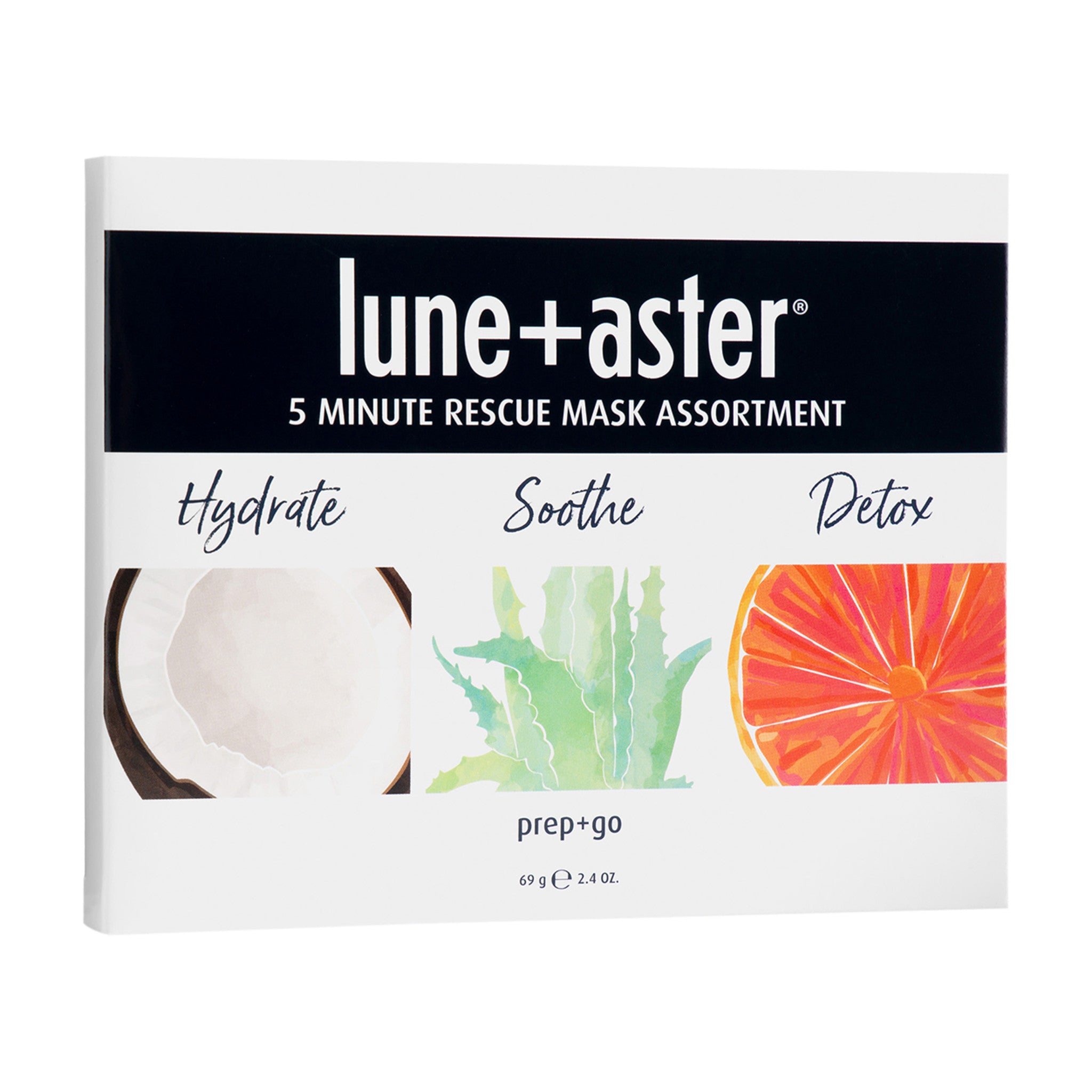 Lune+Aster 5 Minute Rescue Mask Assortment Trio Hydrate, Soothe and Detox main image.