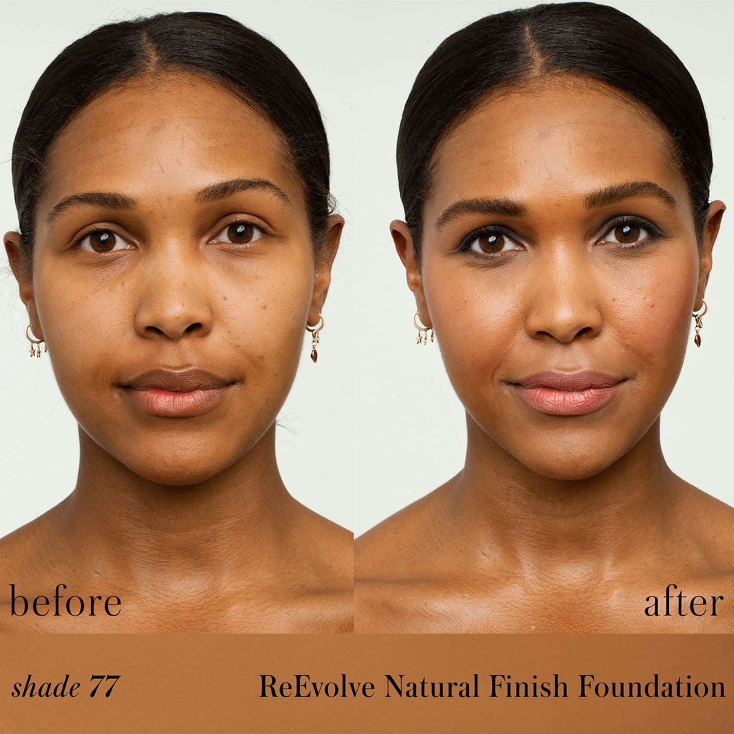 RMS Beauty ReEvolve Natural Finish Liquid Foundation Color/Shade variant: 77 before and after image . This product is for deep complexions