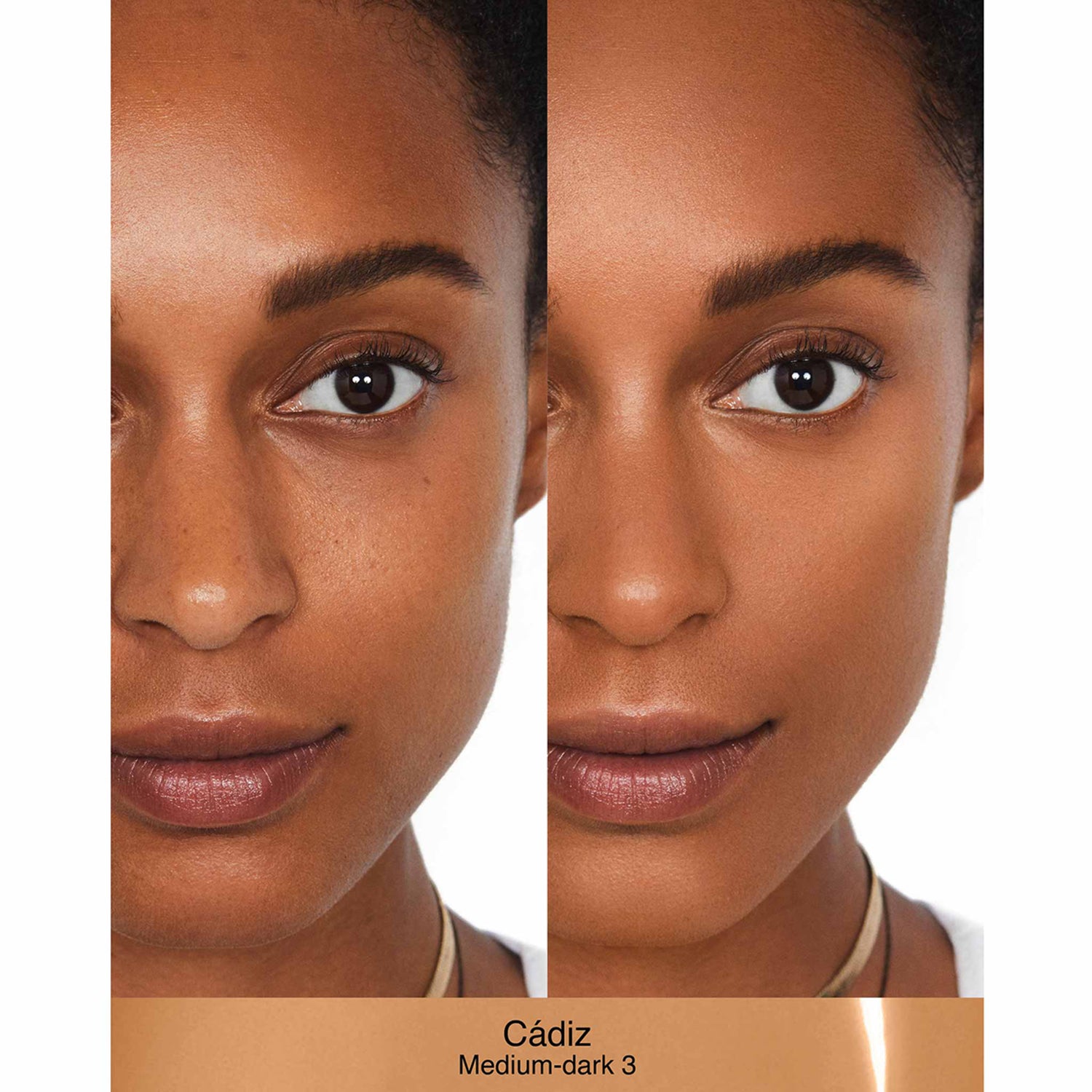 Nars Sheer Glow Foundation Color/Shade variant: Cádiz MD3 before and after image . This product is for deep neutral golden complexions