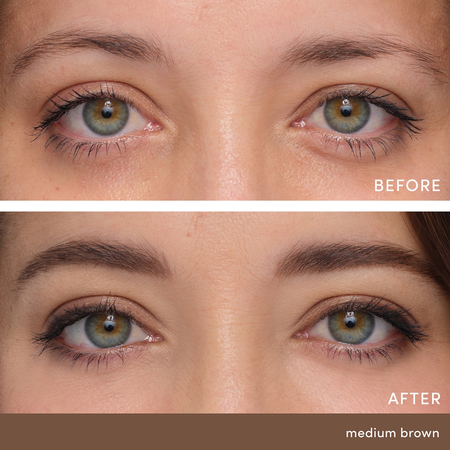 Jane Iredale PureBrow Shaping Pencil Color/Shade variant: Medium Brown before and after image . This product is in the color brown